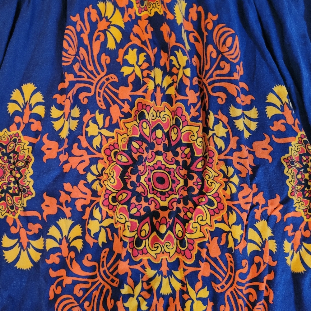 Navy Blue Maxi Dress with Orange Medallion Print, Angie, L - Picture 2 of 10